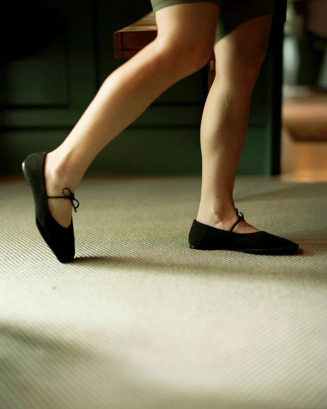 ALOHAS Sway Suede Coffee Brown Leather Ballet Flats on figure side