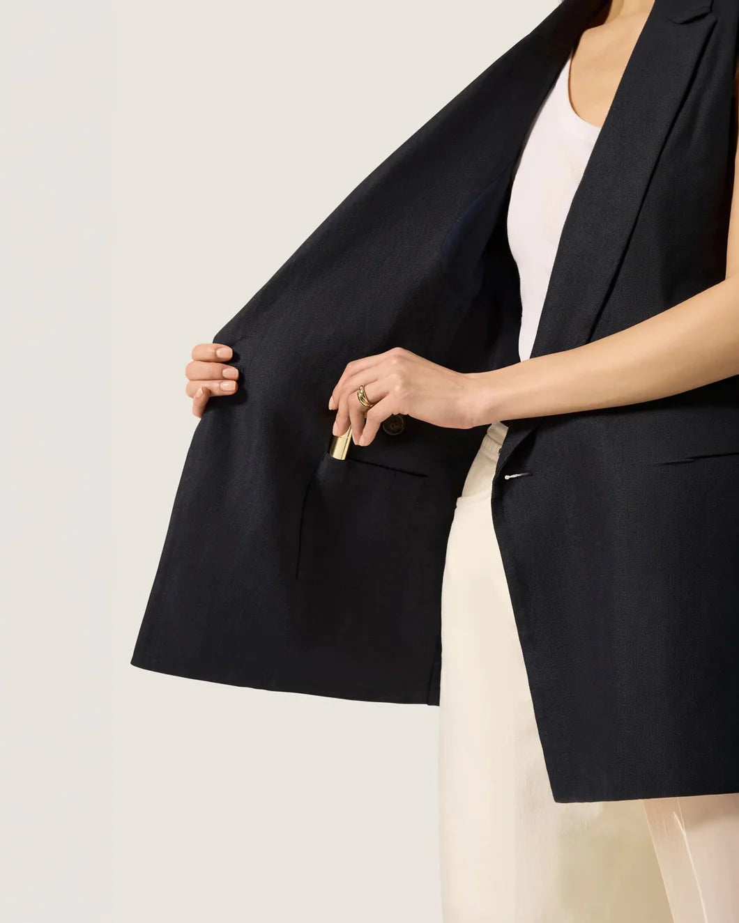 ARGENT Belted Vest Midnight on figure side detail