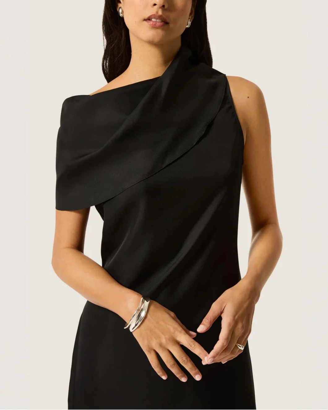 ARGENT Funnel Neck Dress in Silk Twill on figure front 1