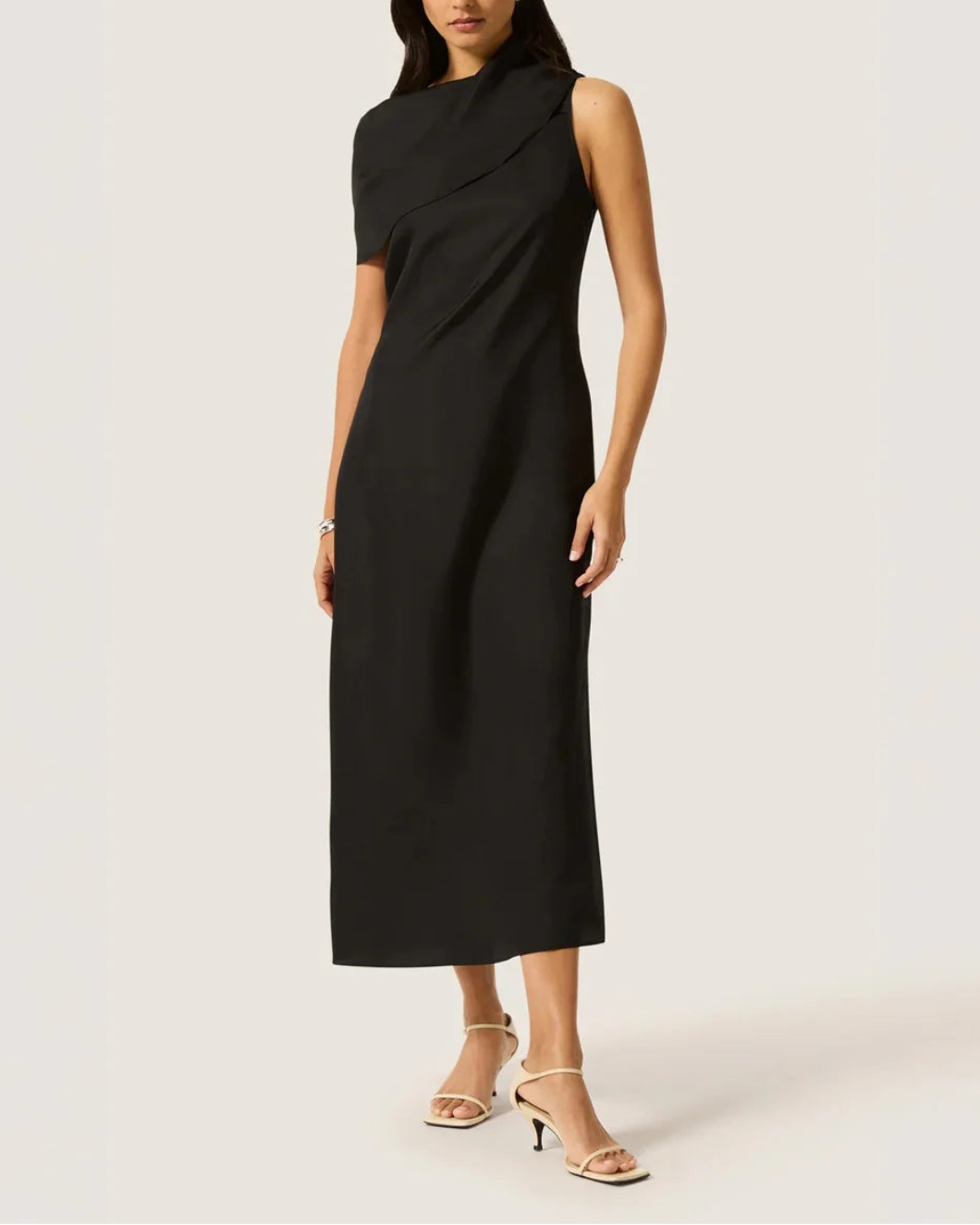 ARGENT Funnel Neck Dress in Silk Twill on figure front