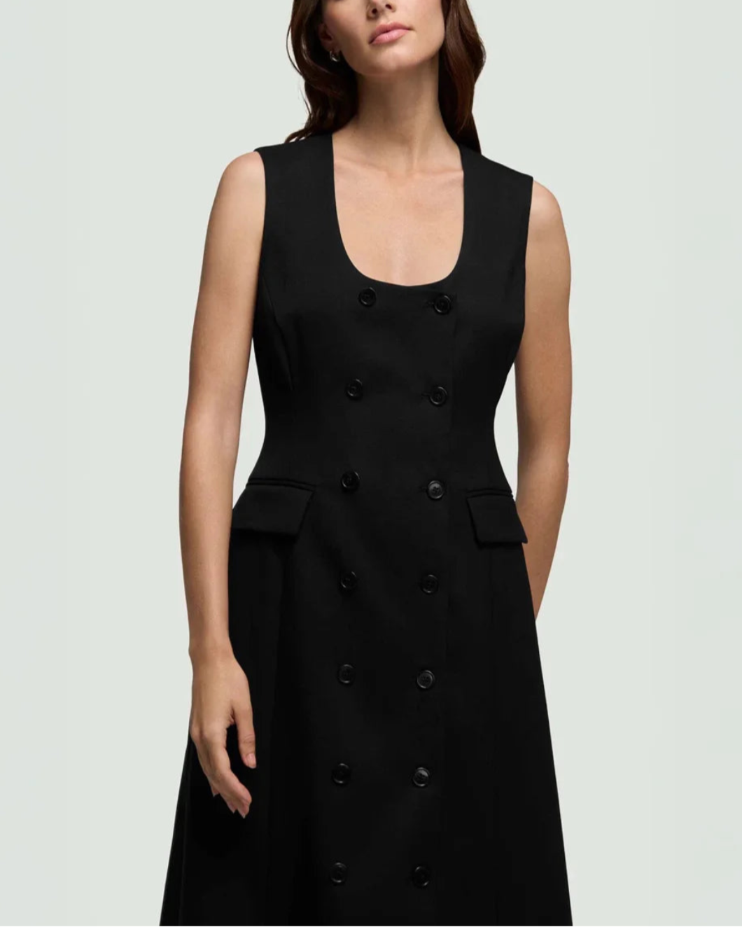 ARGENT Scoop Neck Double Breasted Dress black on figure front