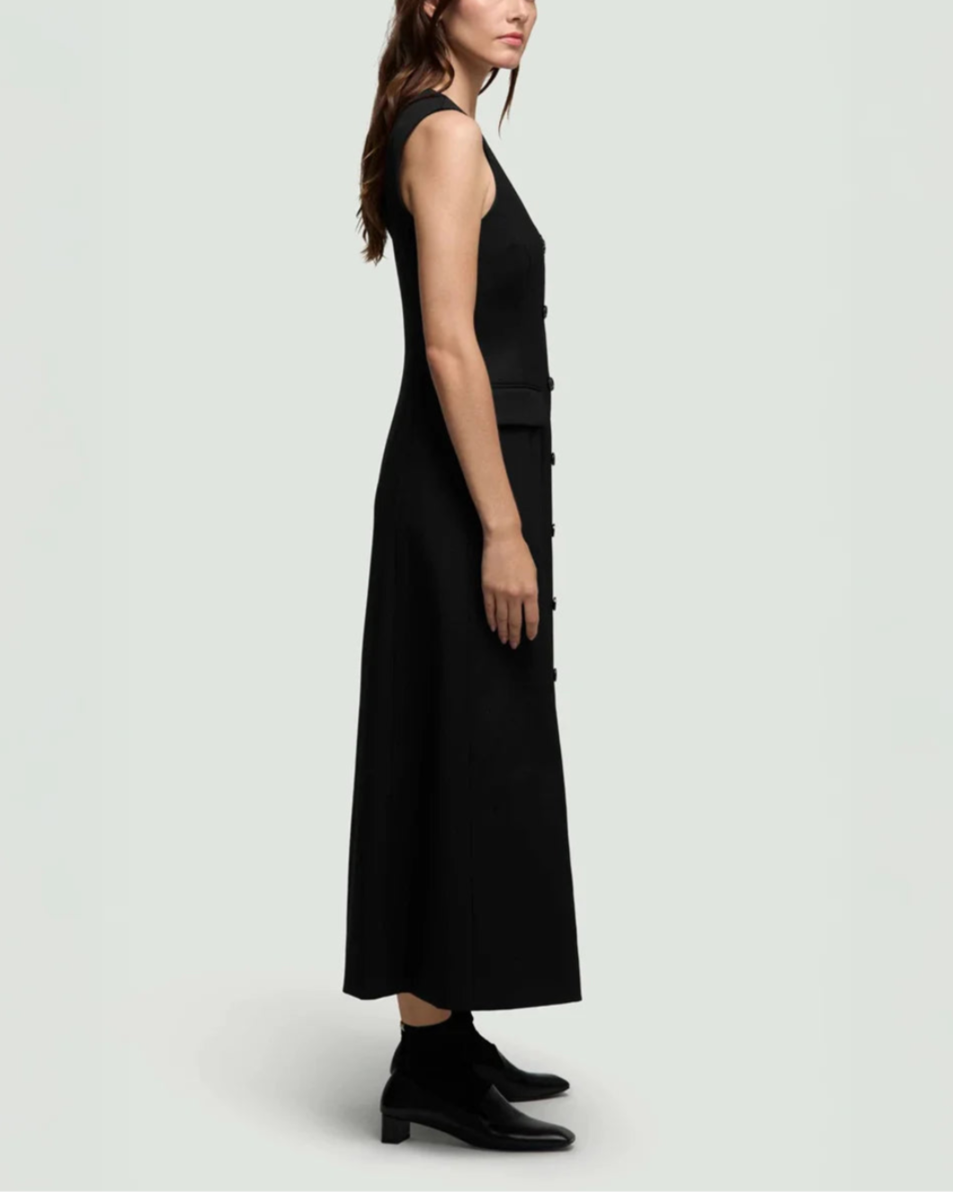 ARGENT Scoop Neck Double Breasted Dress black on figure side