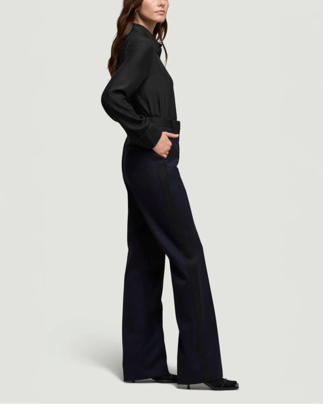 ARGENT colorblocked tuxedo trouser midnight black on figure side