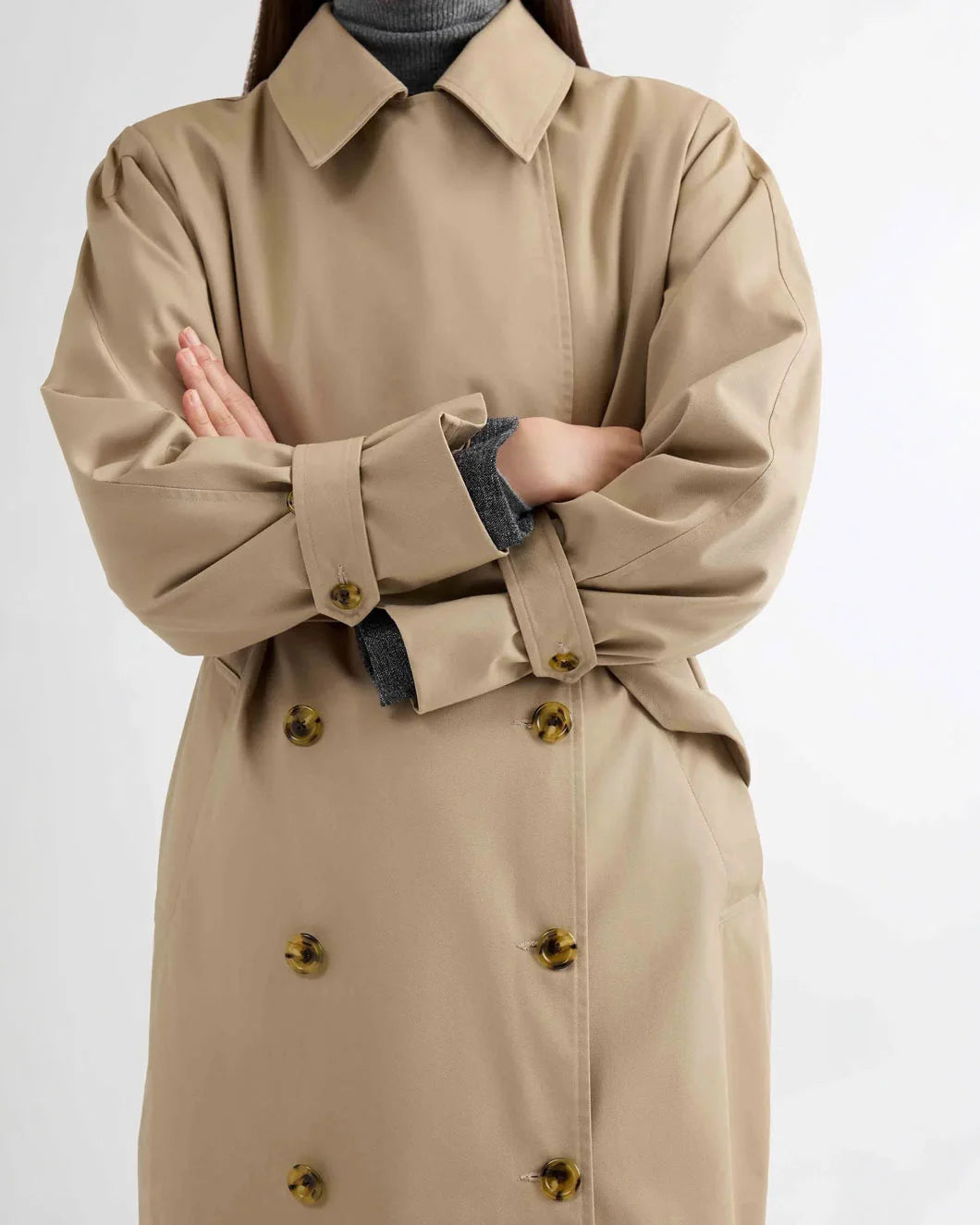 ARGNT trench coat khaki on figure front detail 1