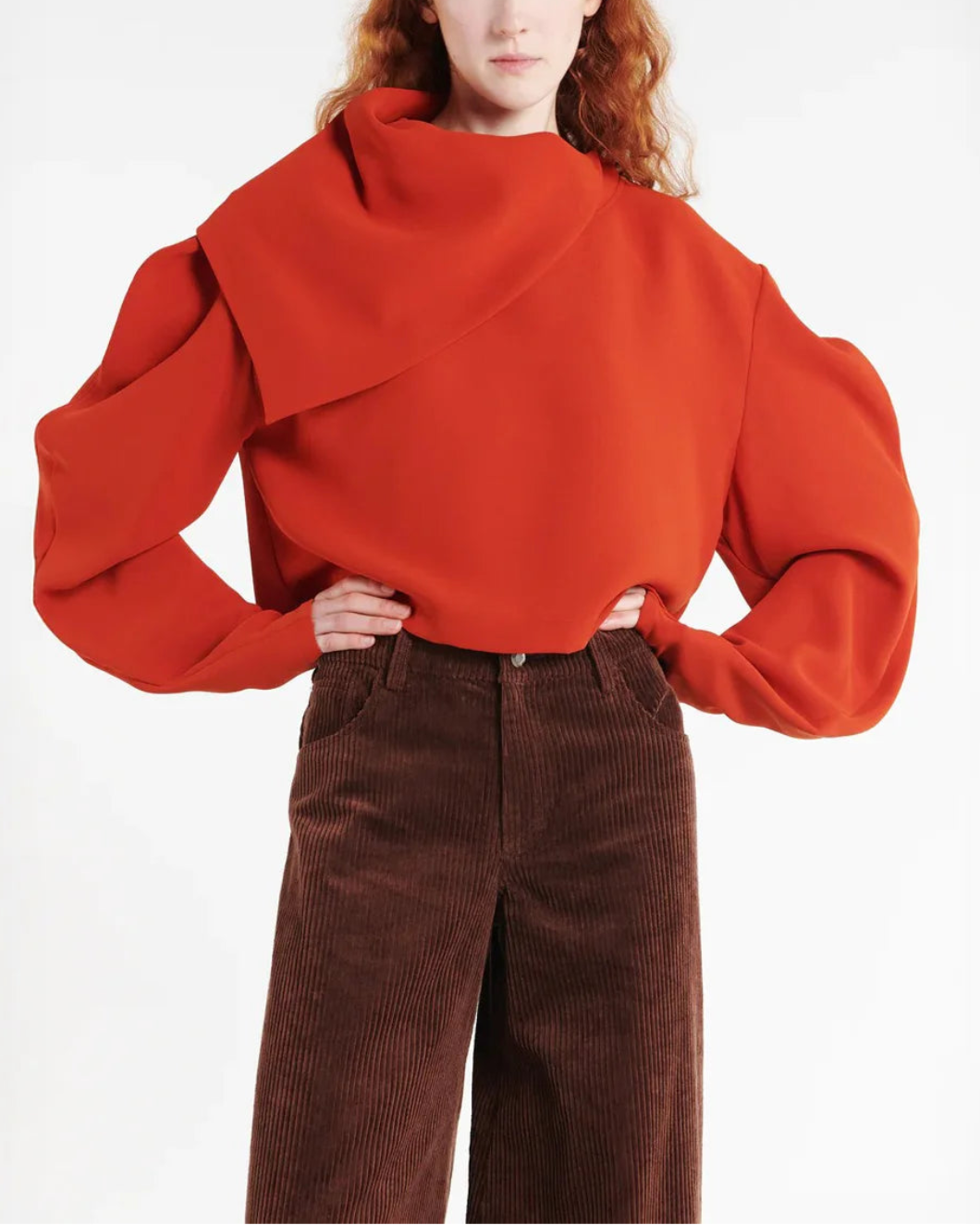 AWAKE MODE draped collar top terracotta on figure front