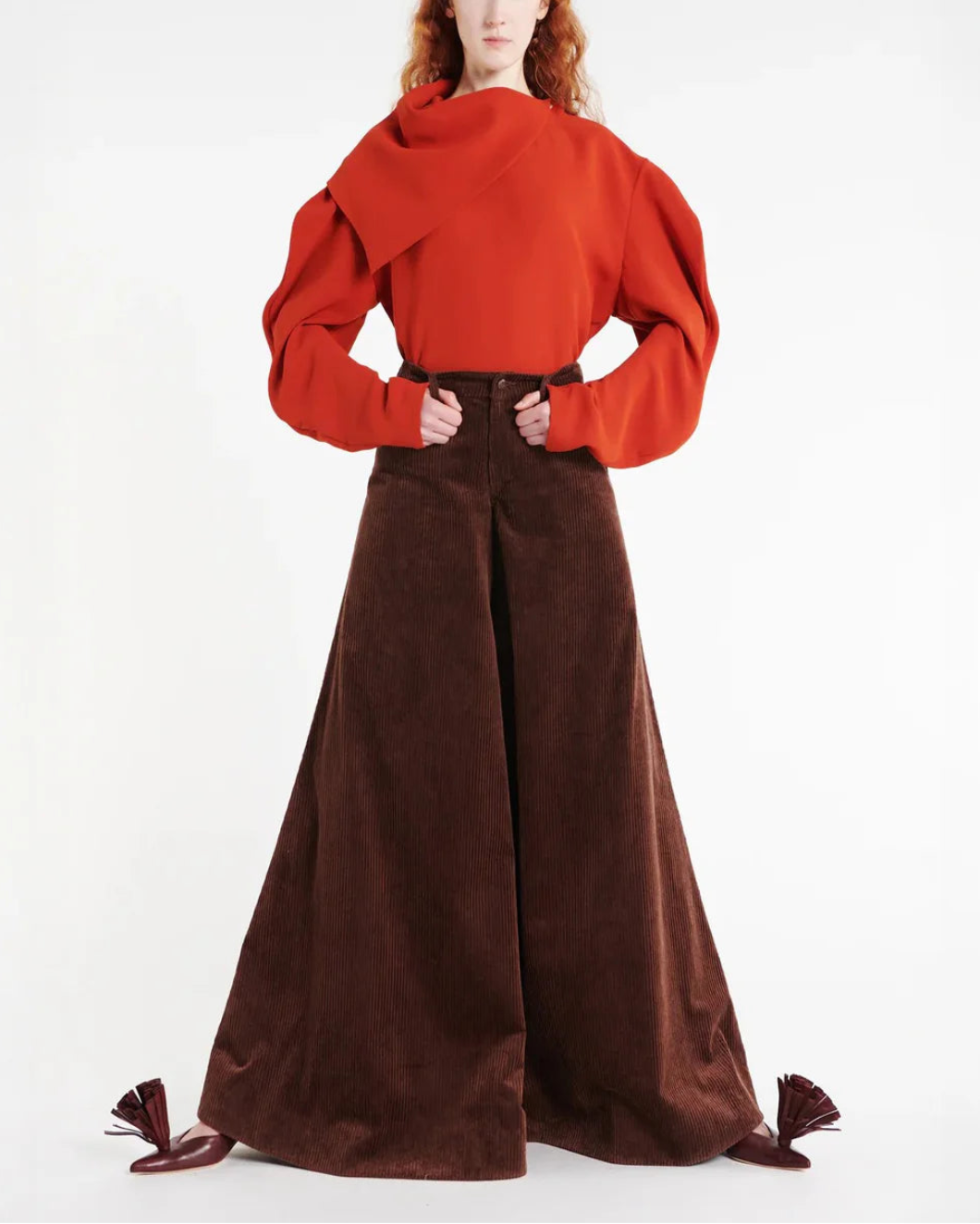 AWAKE MODE draped collar top terracotta on figure front