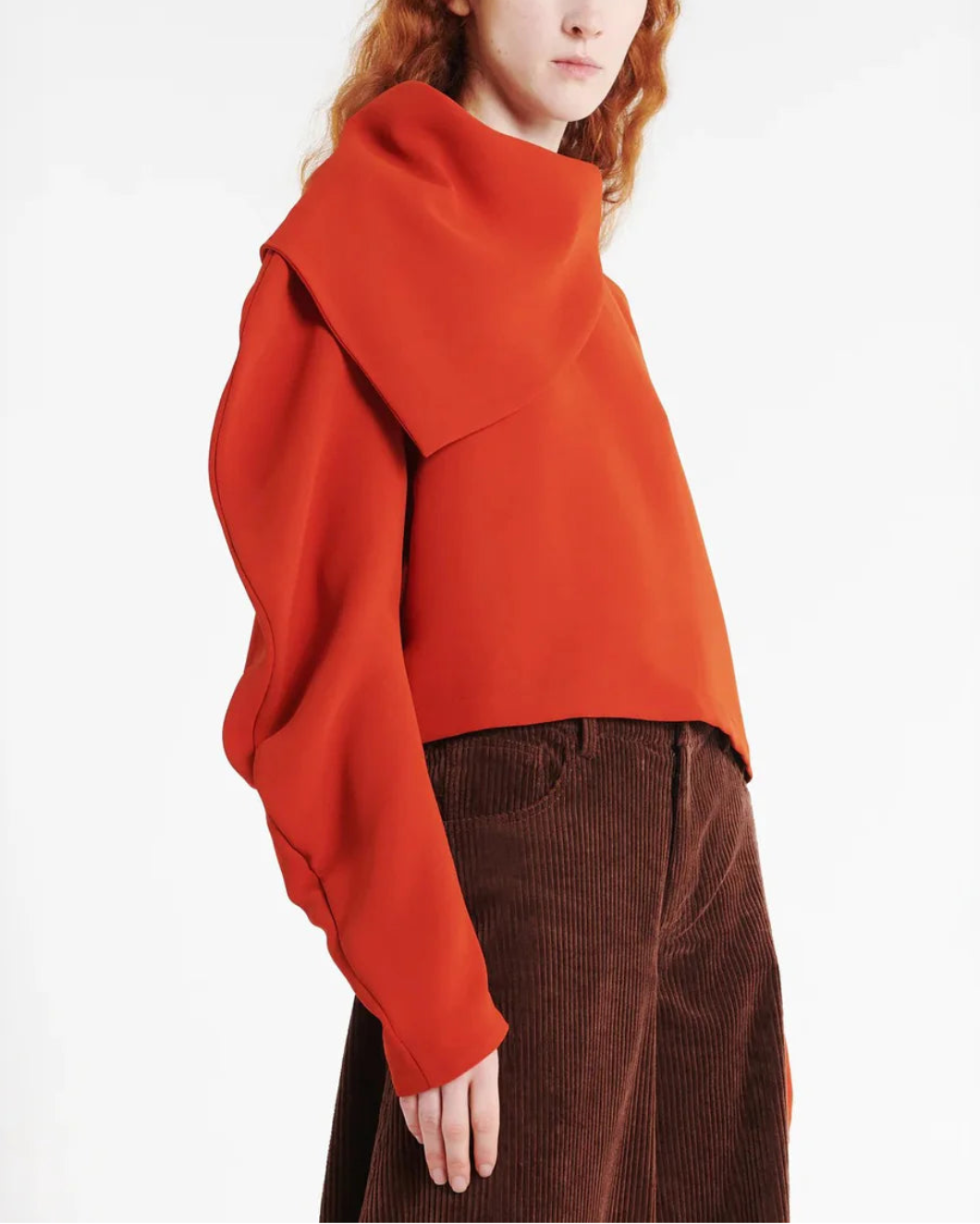 AWAKE MODE draped collar top terracotta  on figure side