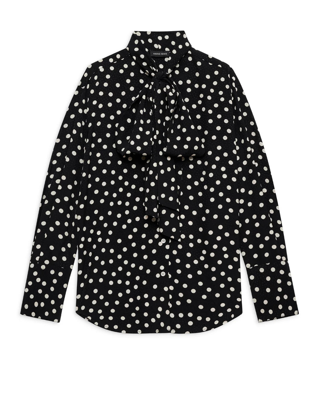 anine bing ruby tie neck polka dot jacquard shirt in black and white