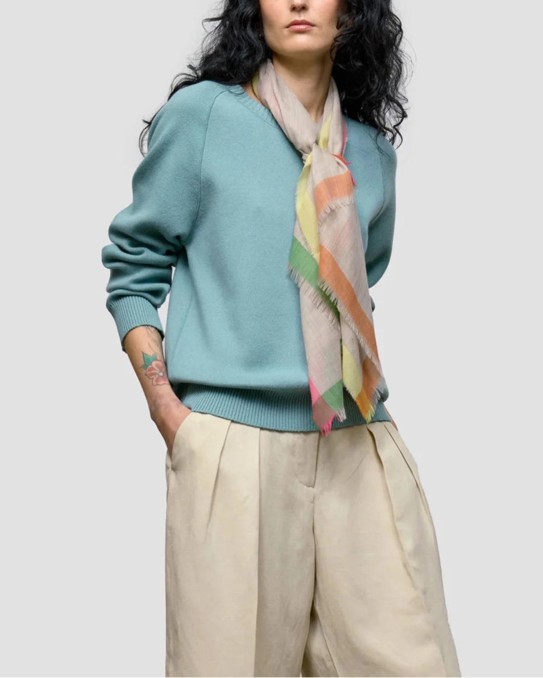 BEGG X CO Wispy Alyssa Cashmere Scarf Dark natural multi on figure front 