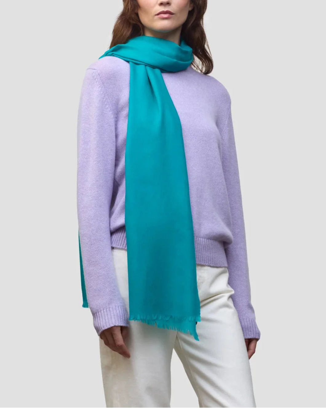 BEGG X CO Wispy Solid Cashmere Scarf Grenadines on figure front 1