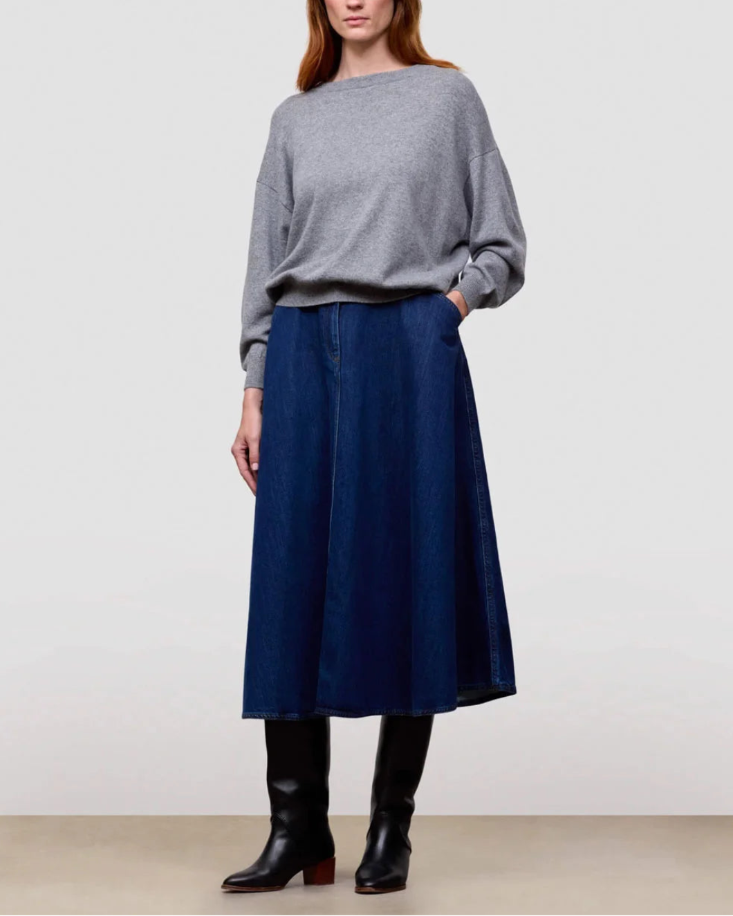 BEGG X CO Iris Crew Sweater Grey Flannel on figure front 