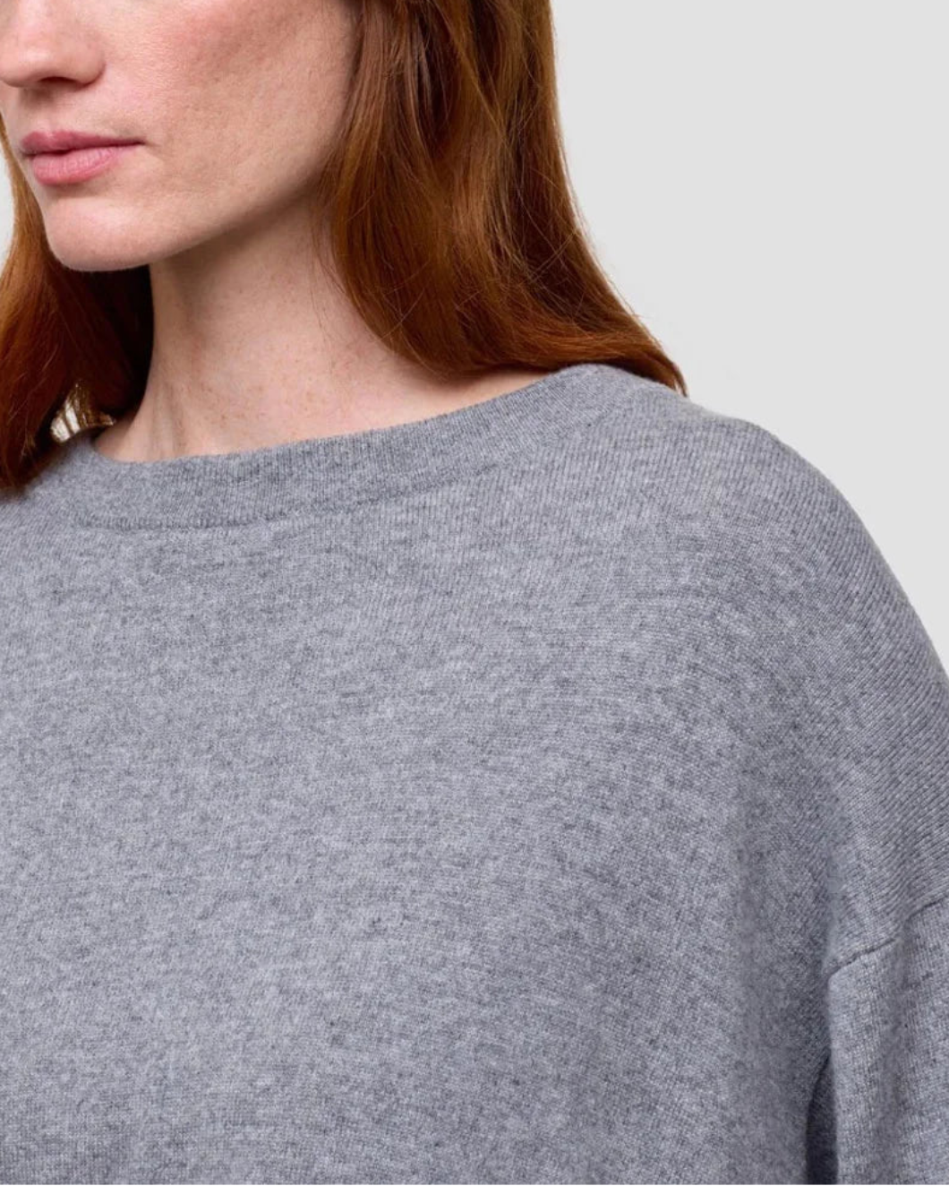 BEGG X CO Iris Crew Sweater Grey Flannel on figure front detail