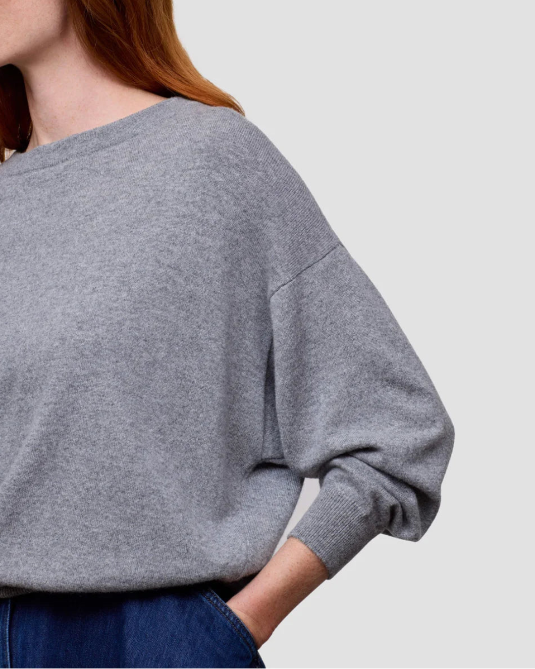 BEGG X CO Iris Crew Sweater Grey Flannel on figure side detail