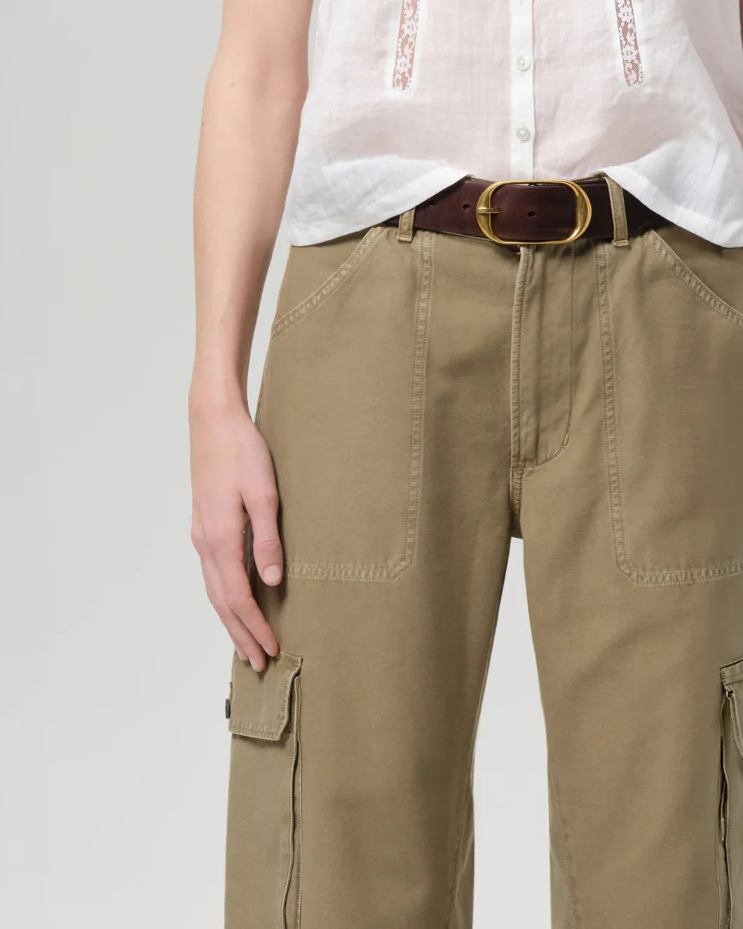 CITIZEN Thassos Utility Pant in bezal on figure front detail