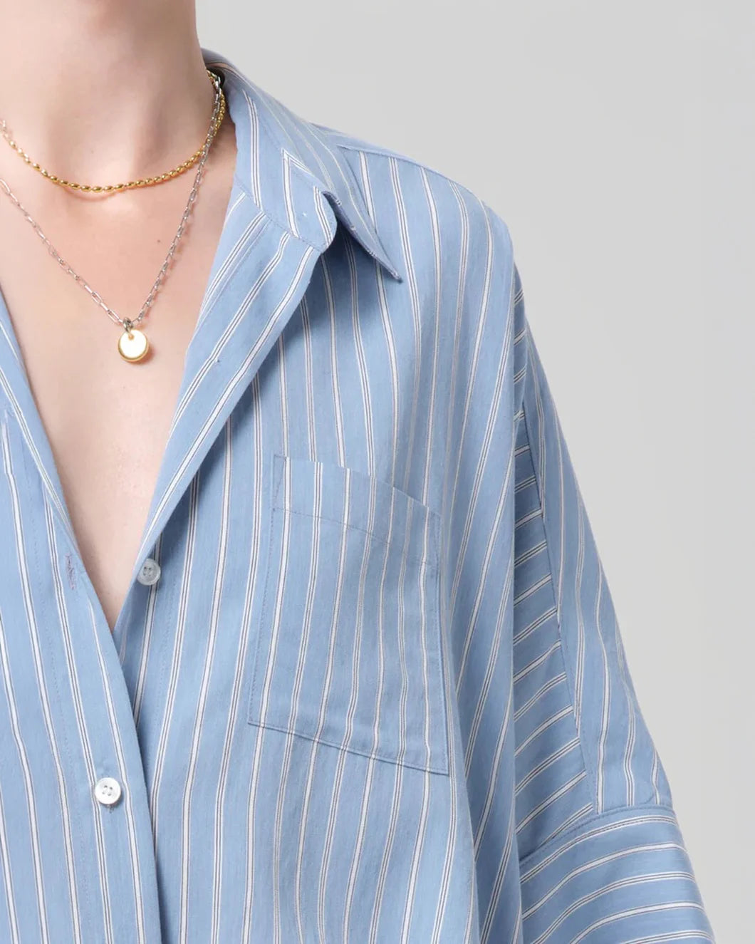 CITIZEN Claire Origami Shirt in capri stripe on figure front detail