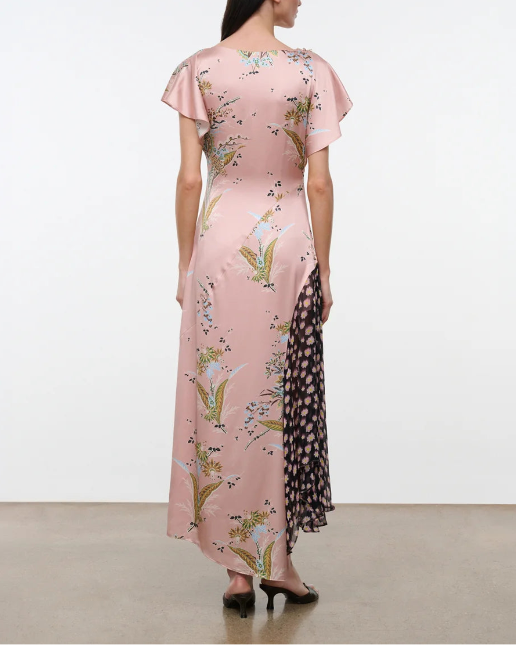 STAUD fawn silk Dress tapestry rose on figure back