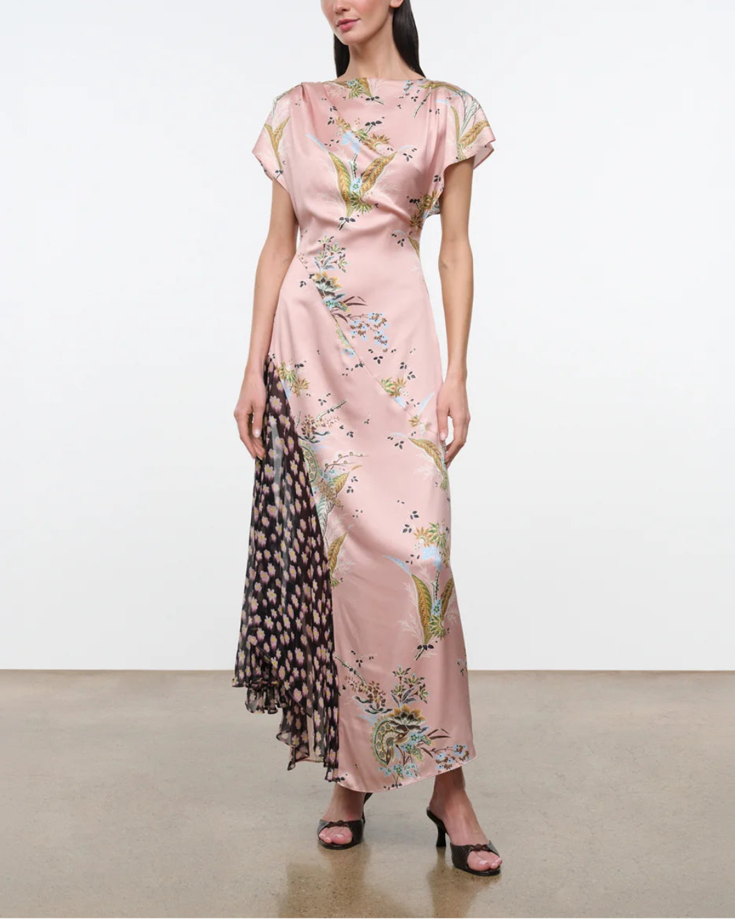 STAUD fawn silk Dress tapestry rose on figure front