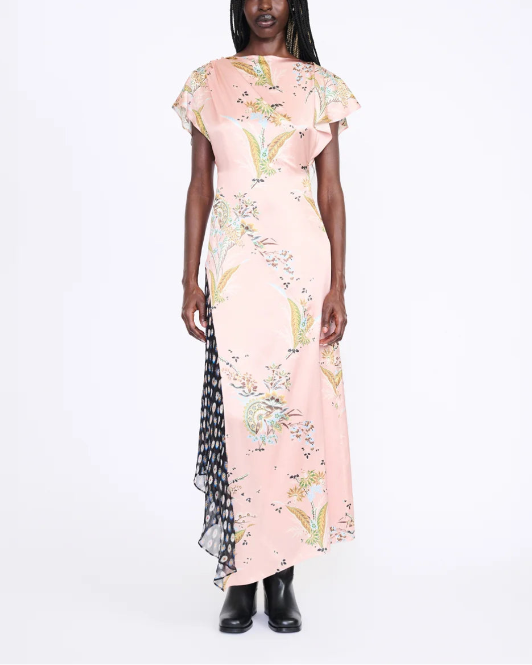 STAUD fawn silk Dress tapestry rose on figure front1 