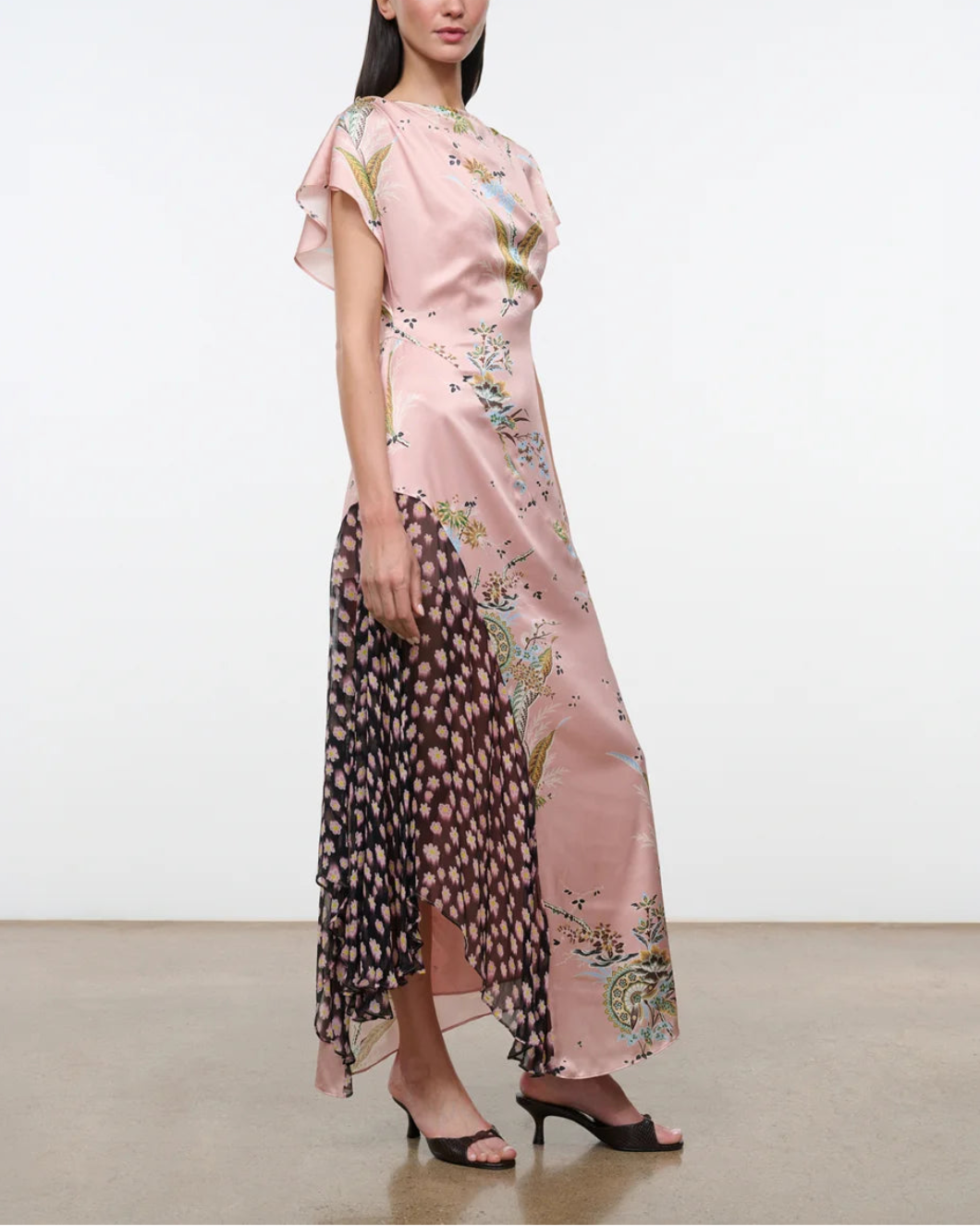 STAUD fawn silk Dress tapestry rose on figure side