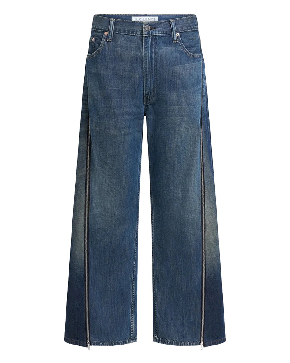 E.L.V. Siouxie Wide Leg Zip Jeans in Dark Blue | Upcycled Denim E.L.V. Siouxie Wide Leg Zip Jeans in Dark Blue | Upcycled Denim