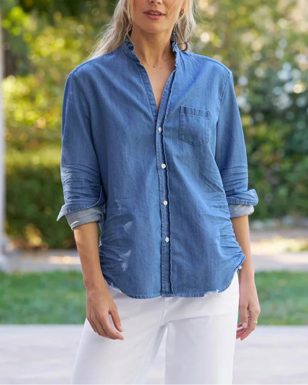 FRANK AND EILEEN Eileen ruffle Collar Vintage Stonewashed Indigo on figure front