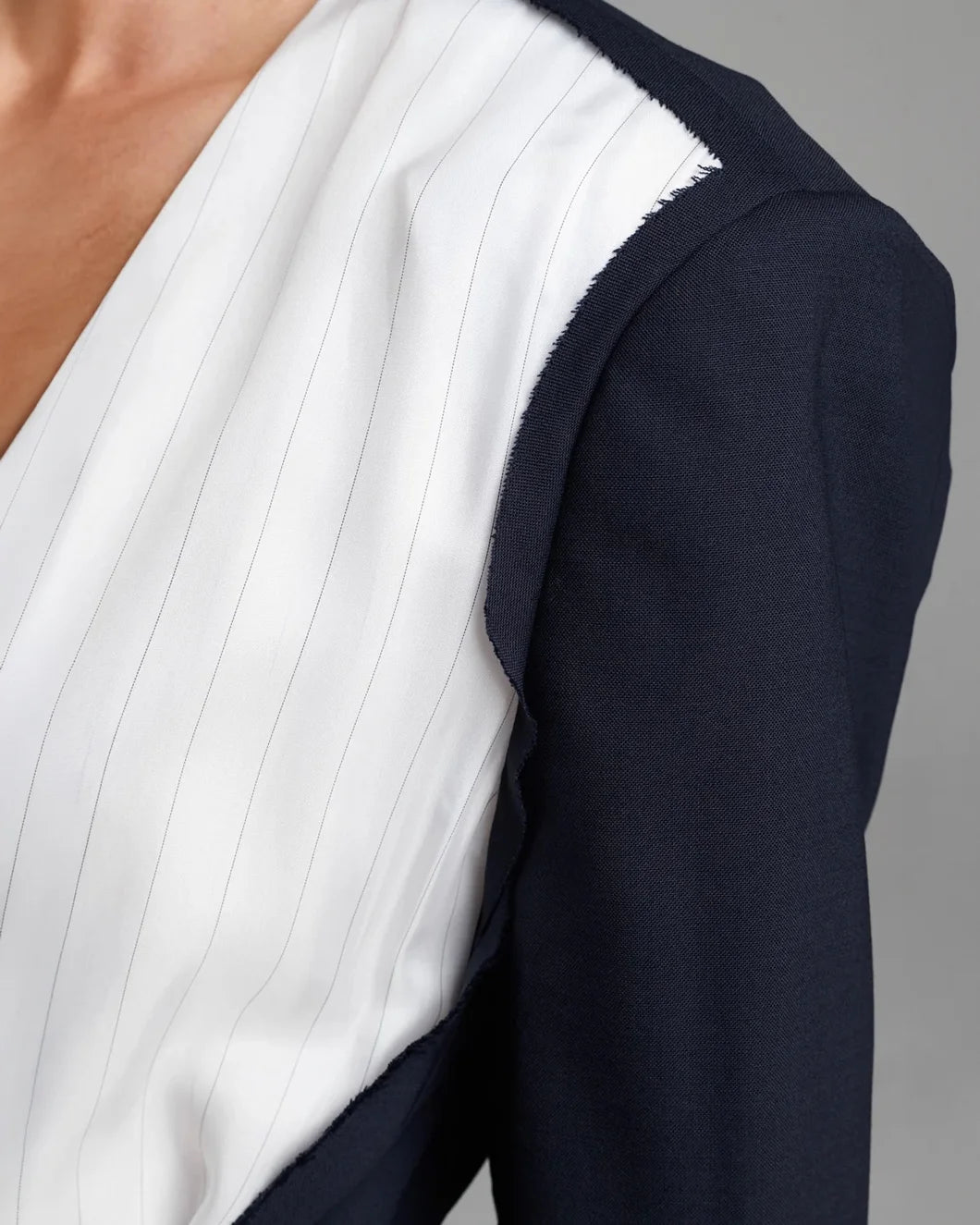 FRENKEN Cord Waisted Jacket Navy on figure front detail 1
