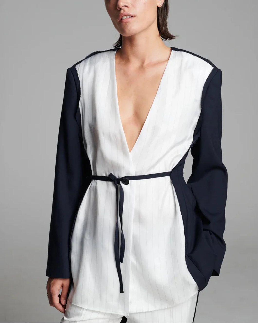 FRENKEN Cord Waisted Jacket Navy on figure front