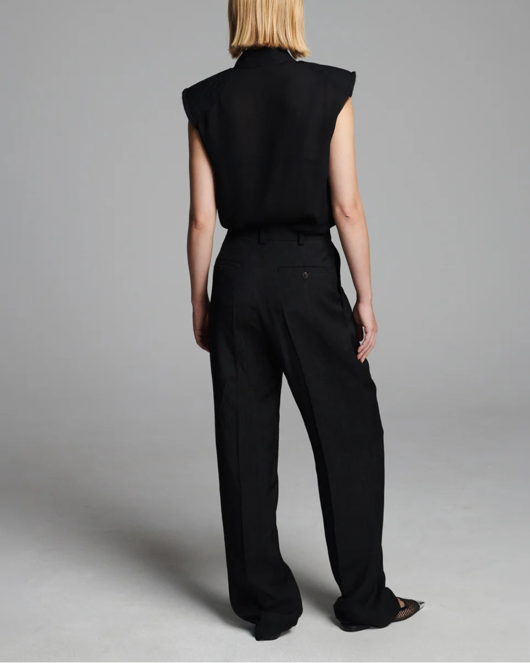 FRENKEN Shoudlered Silk Shirt Black on figure back