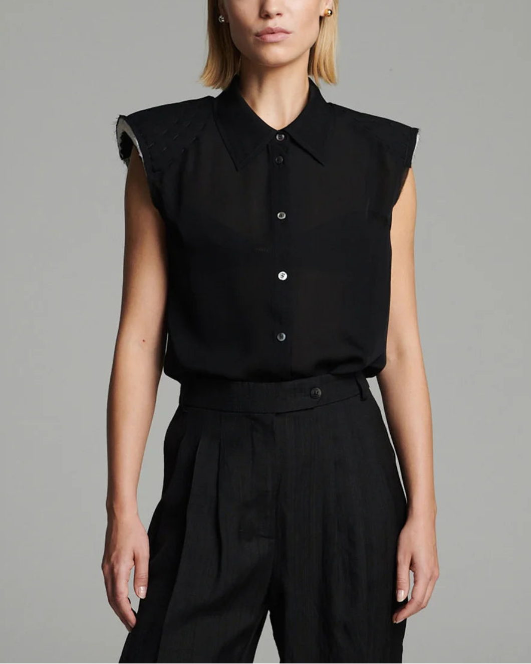 FRENKEN Shoudlered Silk Shirt Black on figure front 1