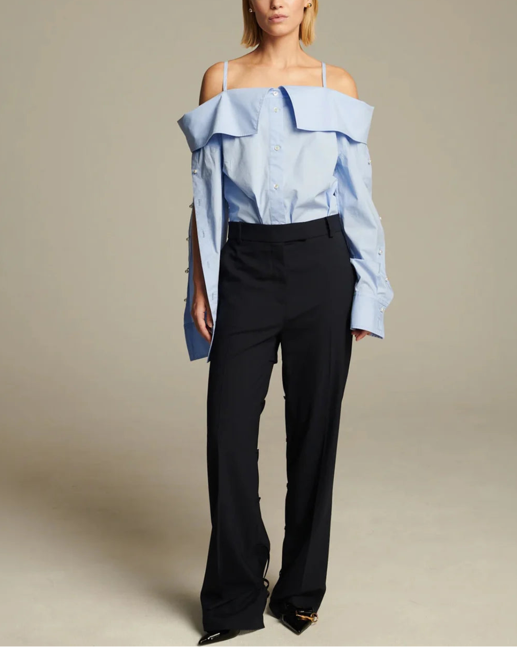 FRENKEN Snap Spagetti Strap Shirt Light Blue on figure front