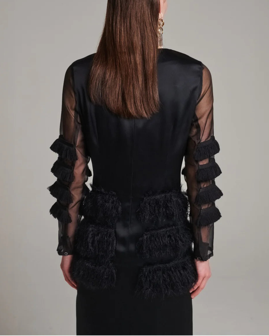 FRENKEN combined fringe satin dress black on figure back