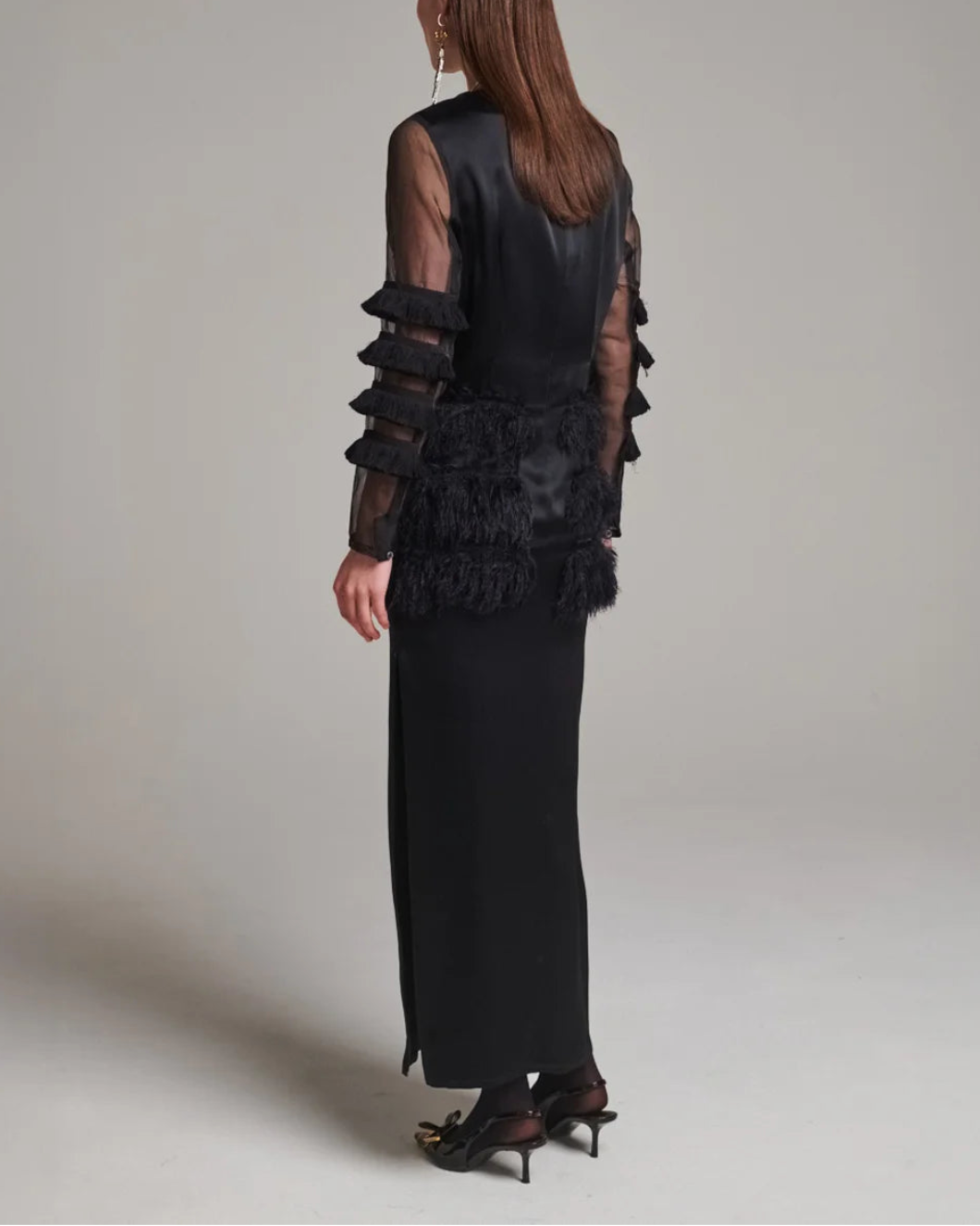 FRENKEN combined fringe satin dress black on figure back