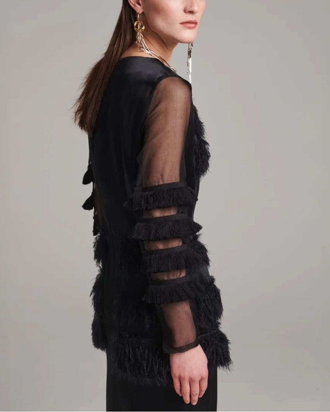 FRENKEN combined fringe satin dress black on figure side