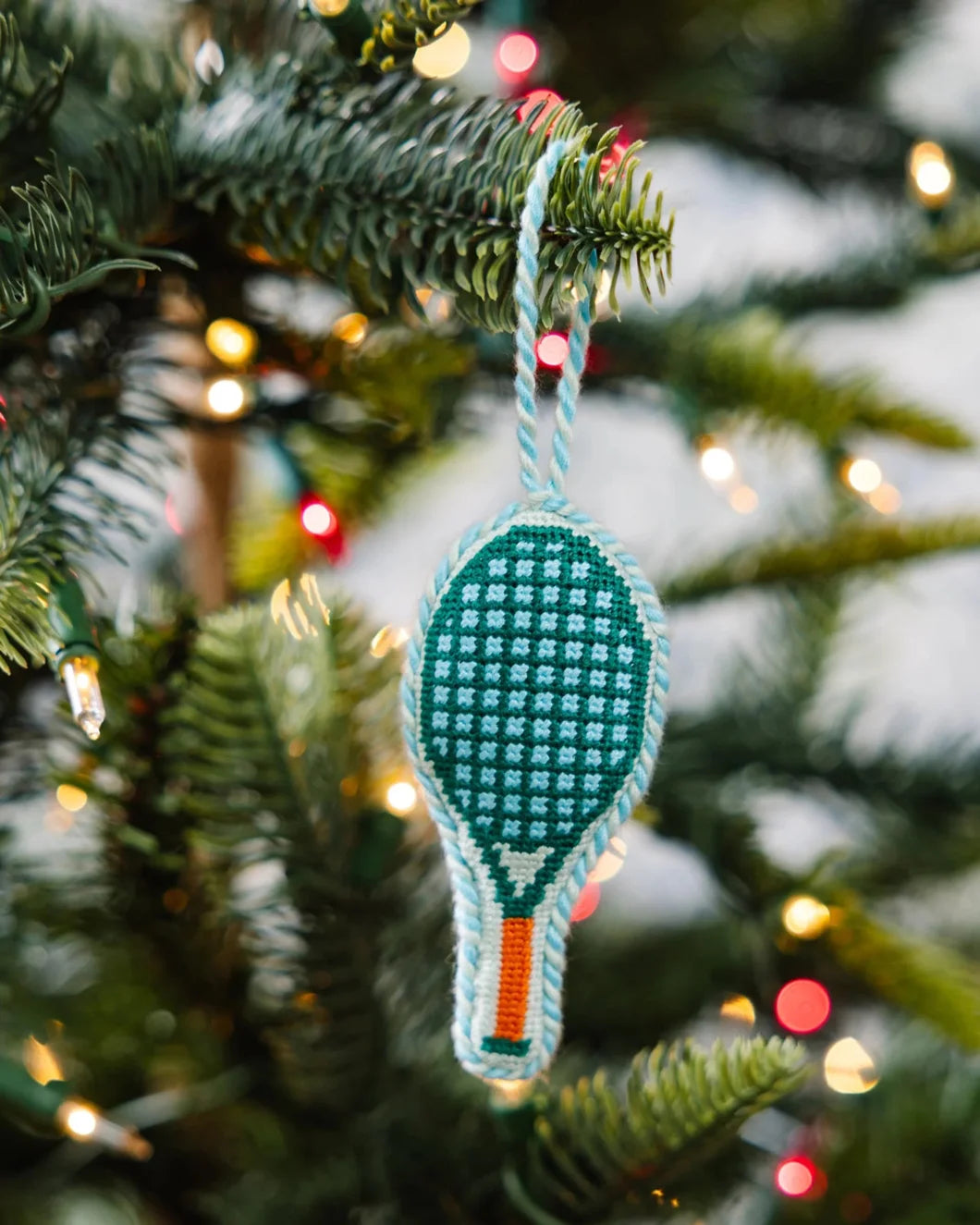 FURBISH needlepoint tennis racket ornament on tree