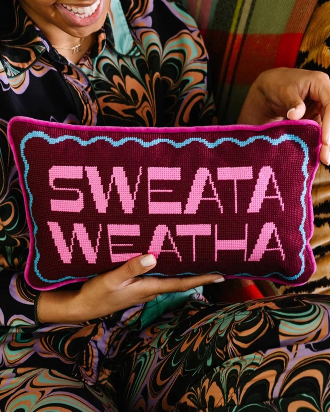 FURBISH sweata weatha needlepoint pillow 