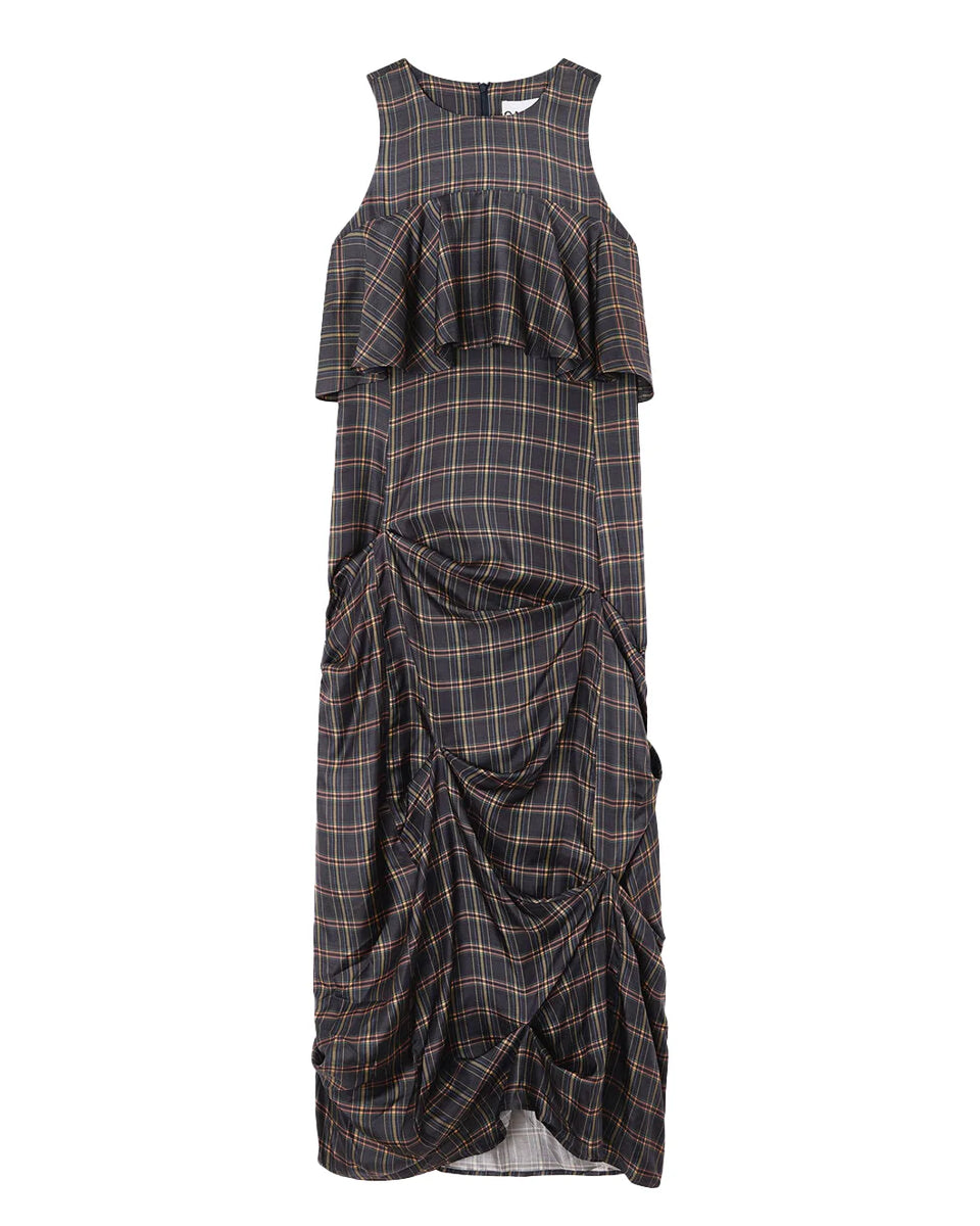 Ganni Check Ruffle Dress in Grey