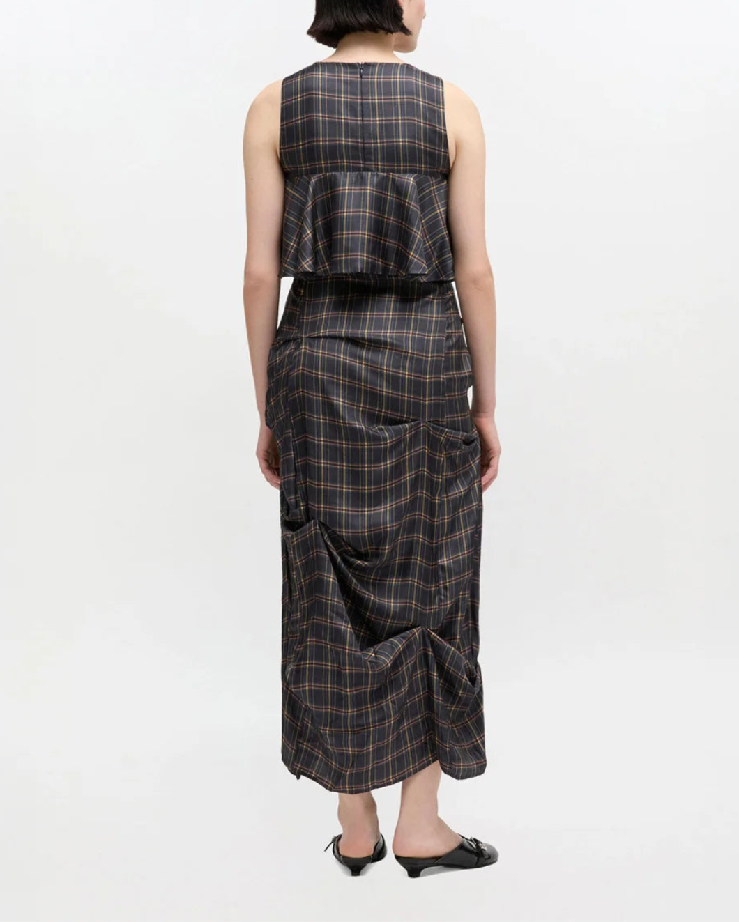 GANNI Check Ruffle Dress grey on figure back 