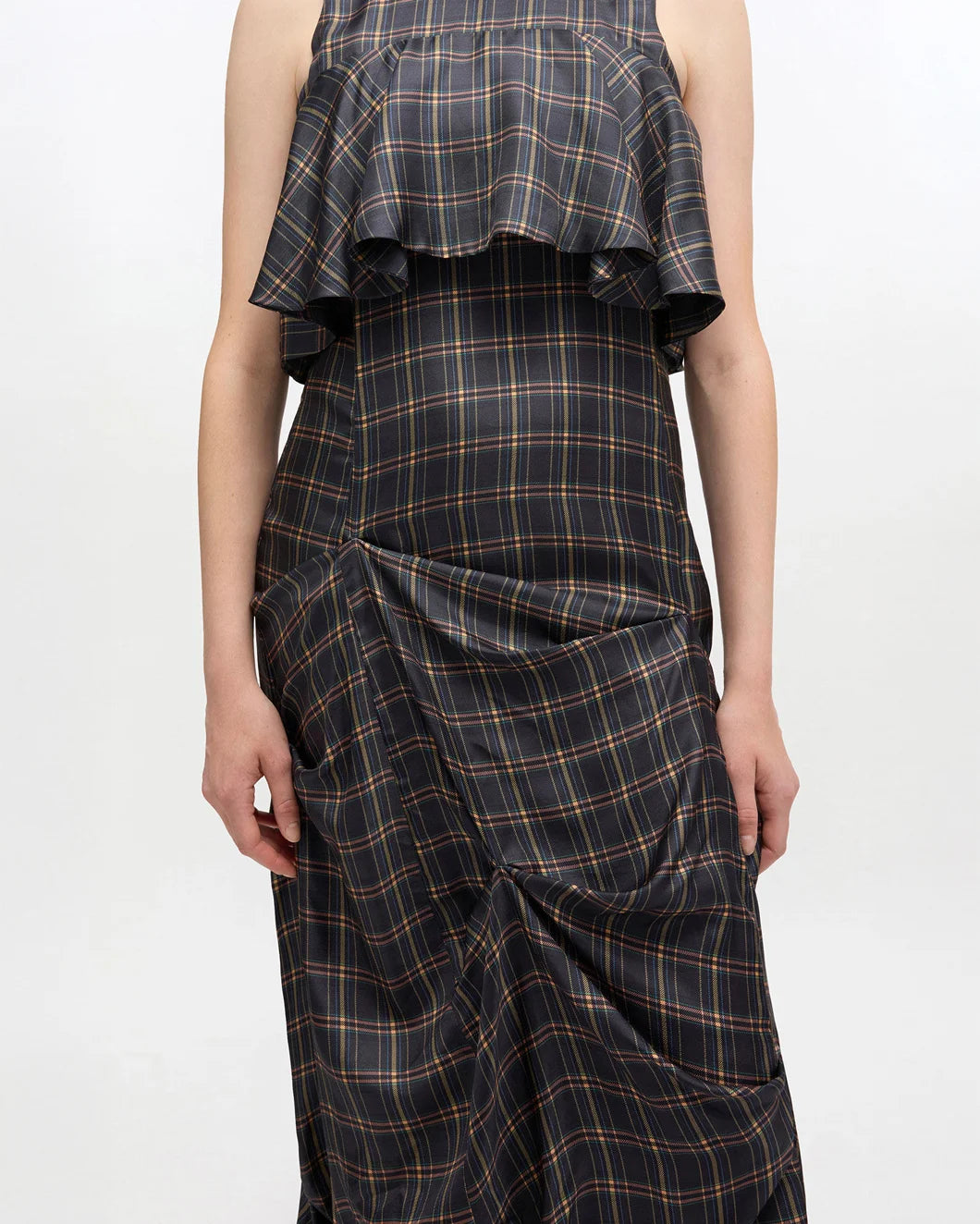 GANNI Check Ruffle Dress grey on figure front detail