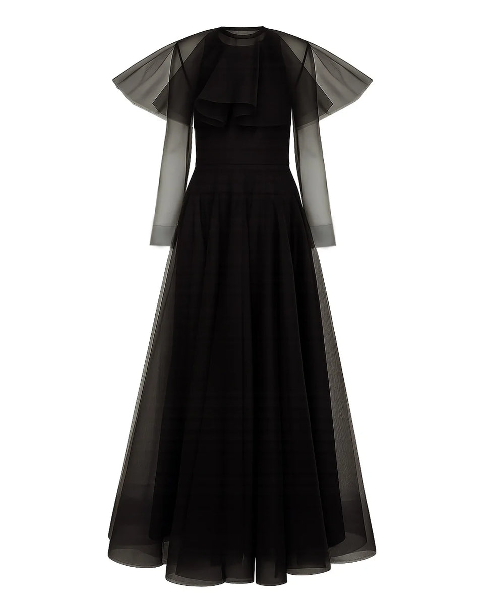 Ganni Textured Organza Long Full Circle Dress in Black Ganni Textured Organza Long Full Circle Dress in Black