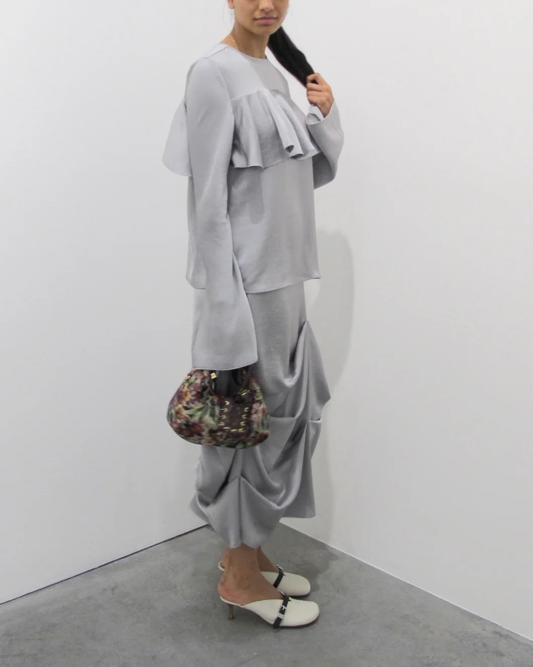 GANNI Double Viscose Satin Long Sleeve Ruffle Top grey on figure side