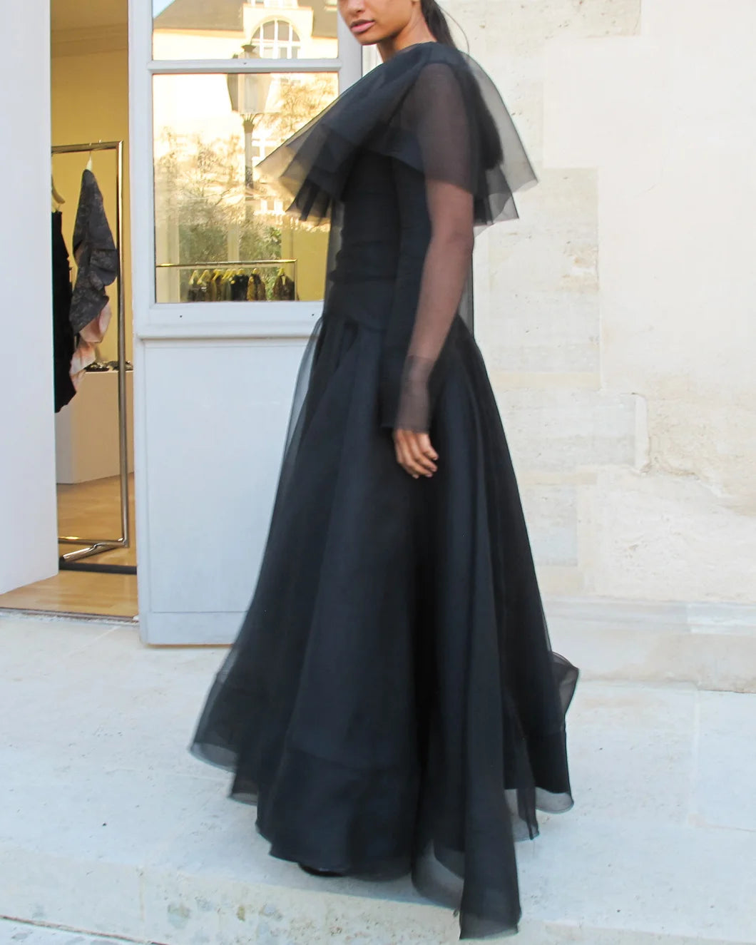 GANNI textured organza long full circle dress black on figure side