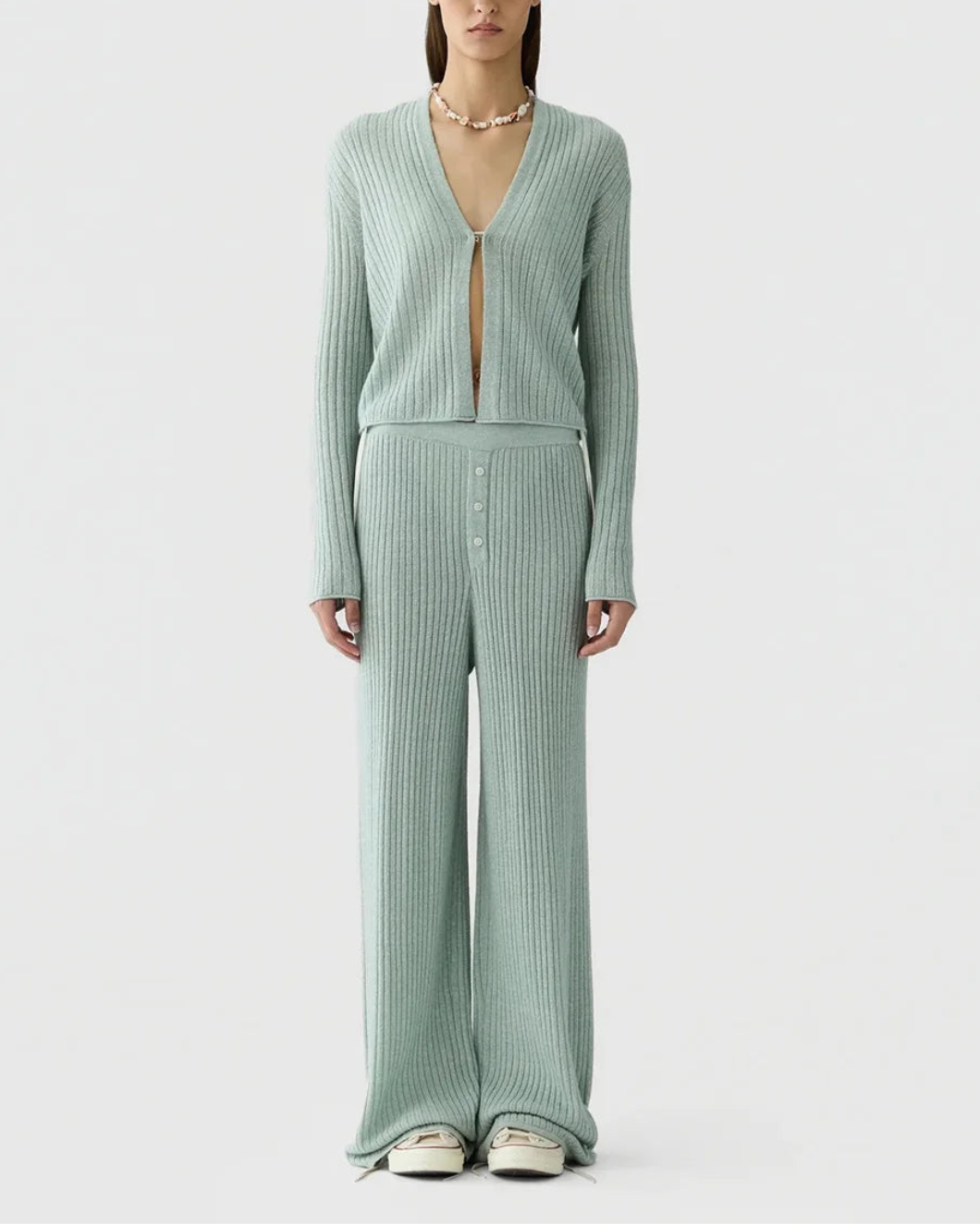 GUEST IN RESIDENCE Rib Stealth Cardigan Sage Brush on figure front