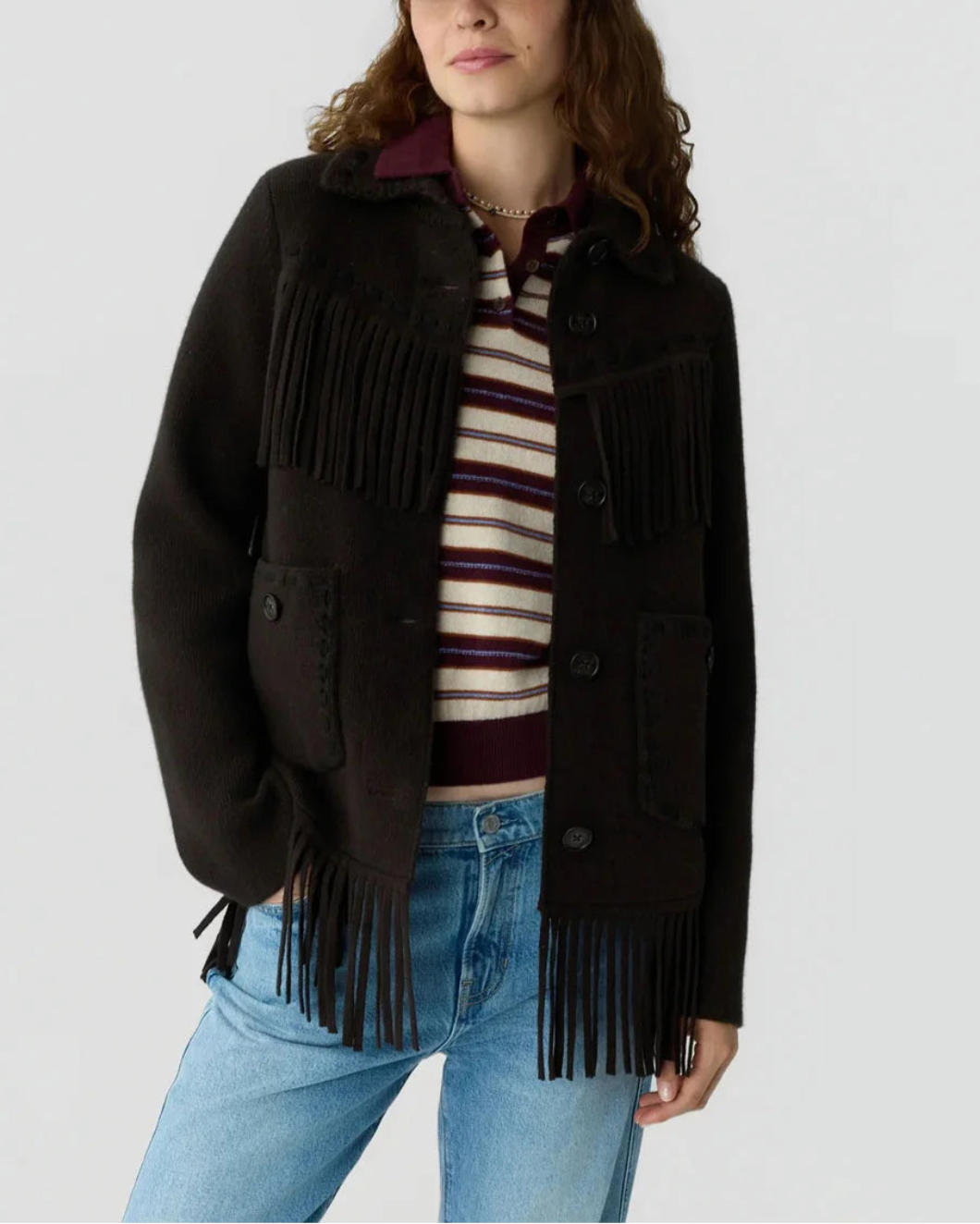 GUEST IN RESIDENCE Western Fringe Jacket Burnt Cocoa on figure front 1
