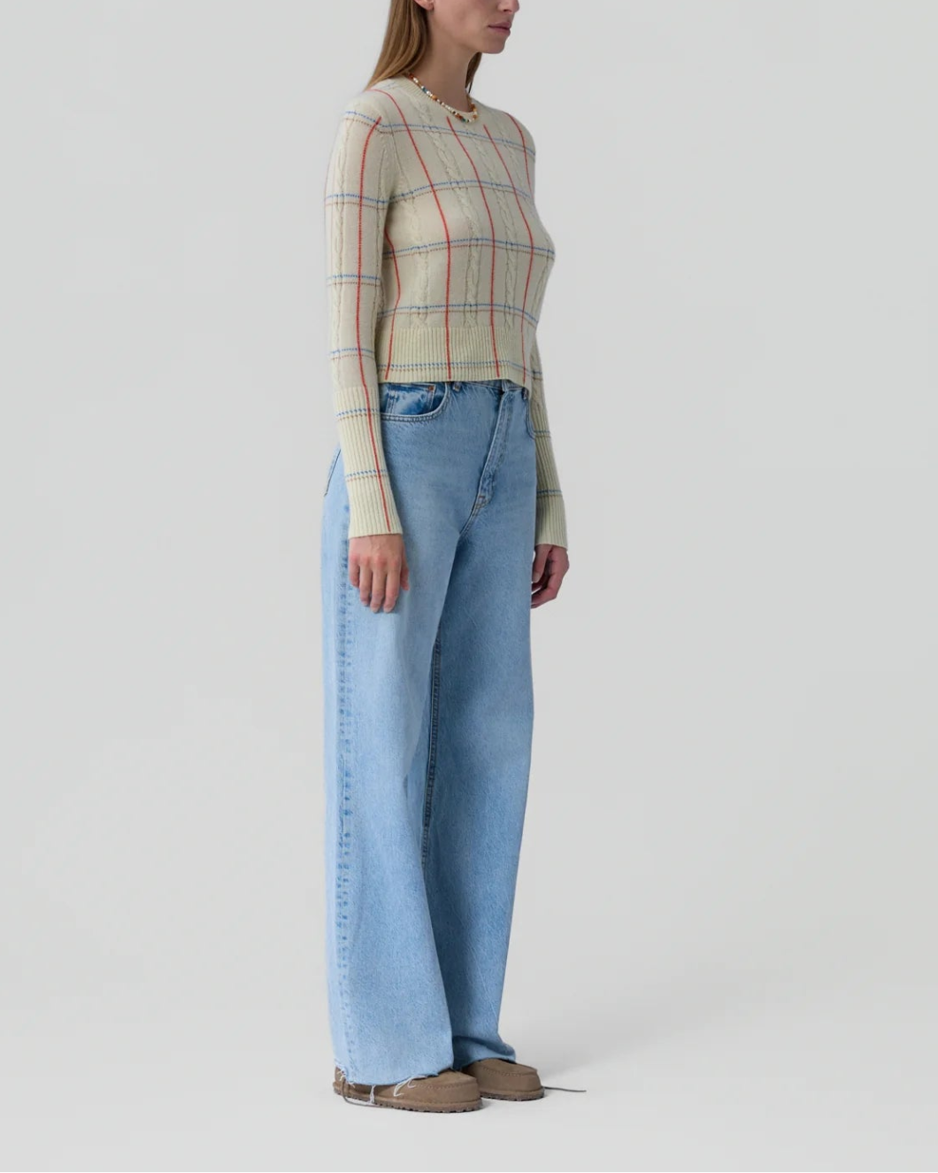 GUEST IN RESIDENCE shrunken check crew mist combo on figure side