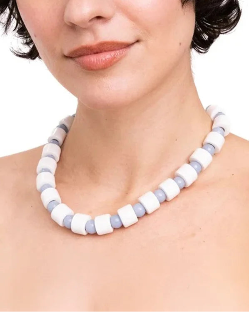 HER NEW TRIBE Blank & Blue Lace Agate Sundry Bead Two Necklace on figure front 1