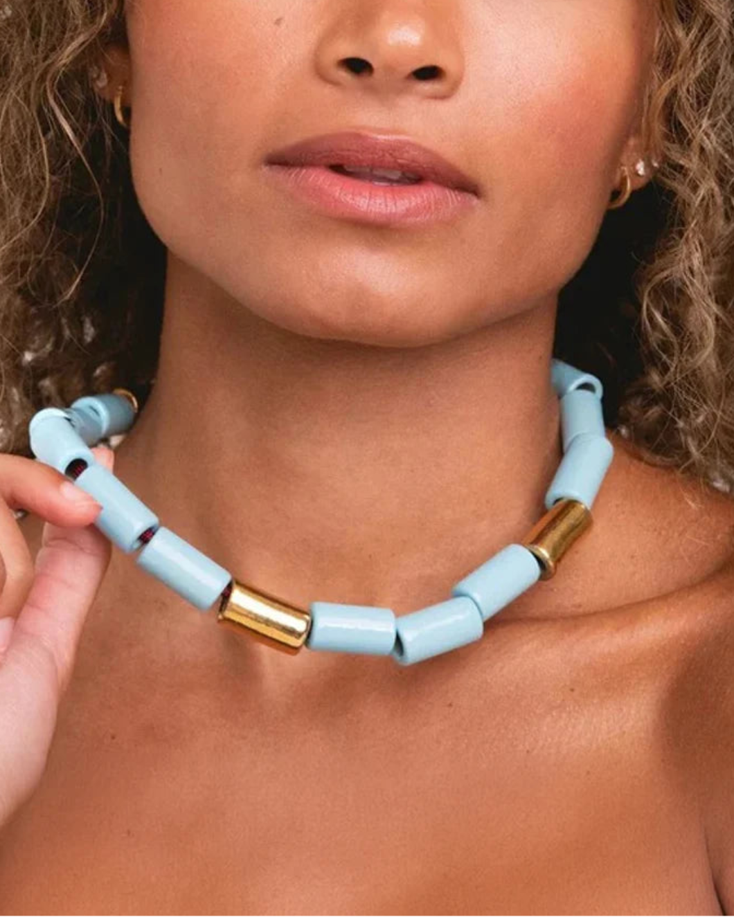 HER NEW TRIBE Pool & Karat Candy Bead Four Necklace on figure front 1