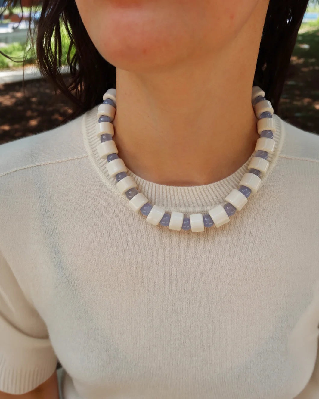 HER NEW TRIBE Blank & Blue Lace Agate Sundry Bead Two Necklace on figure front  3