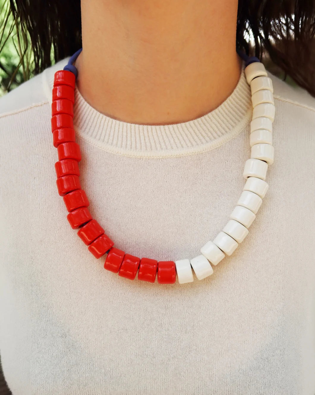 HER NEW TRIBE Blank & Fire Split Candy Bead Two Necklace on figure front 