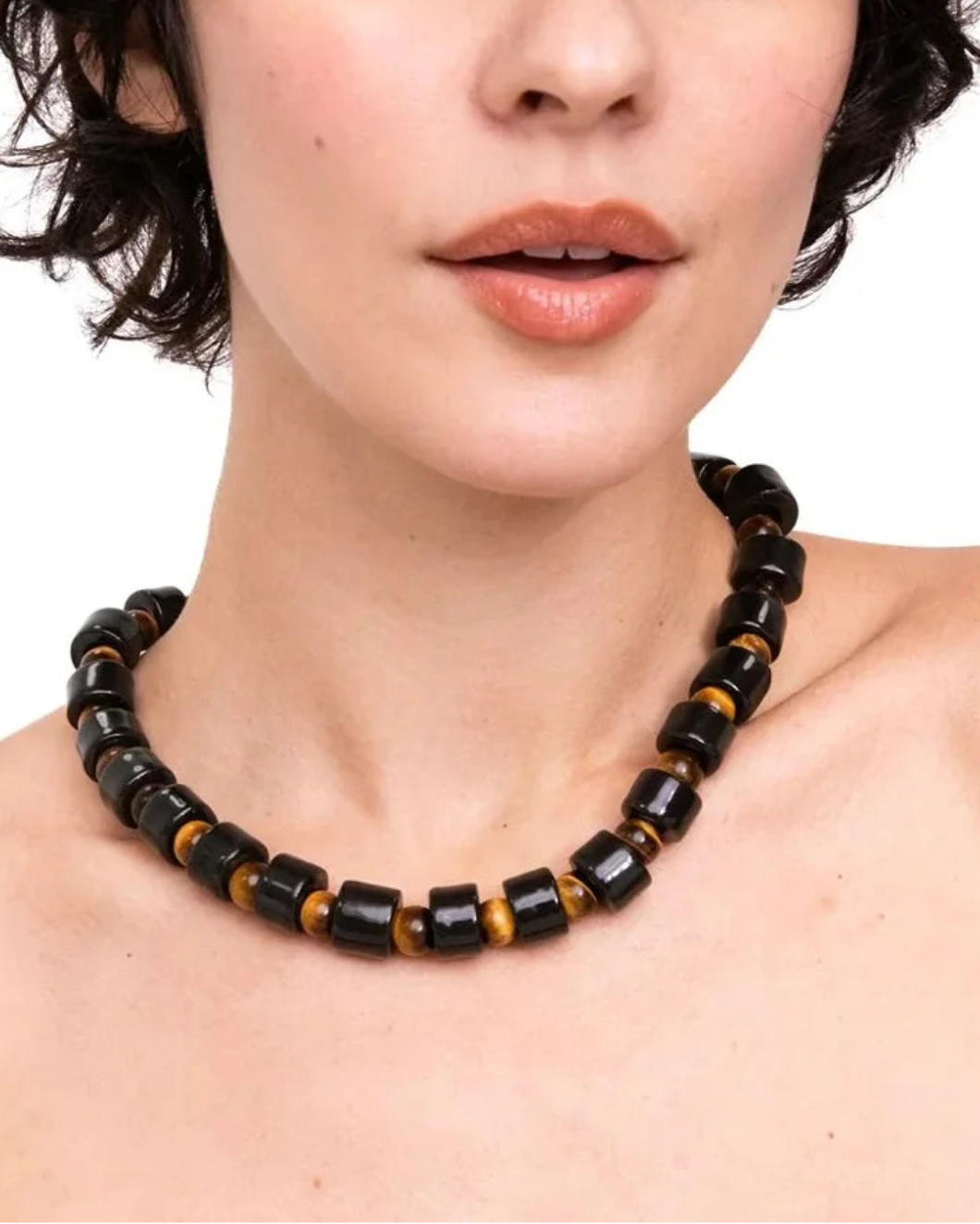 HER NEW TRIBE tap and tigers eye bead two sundry necklace black on figure front