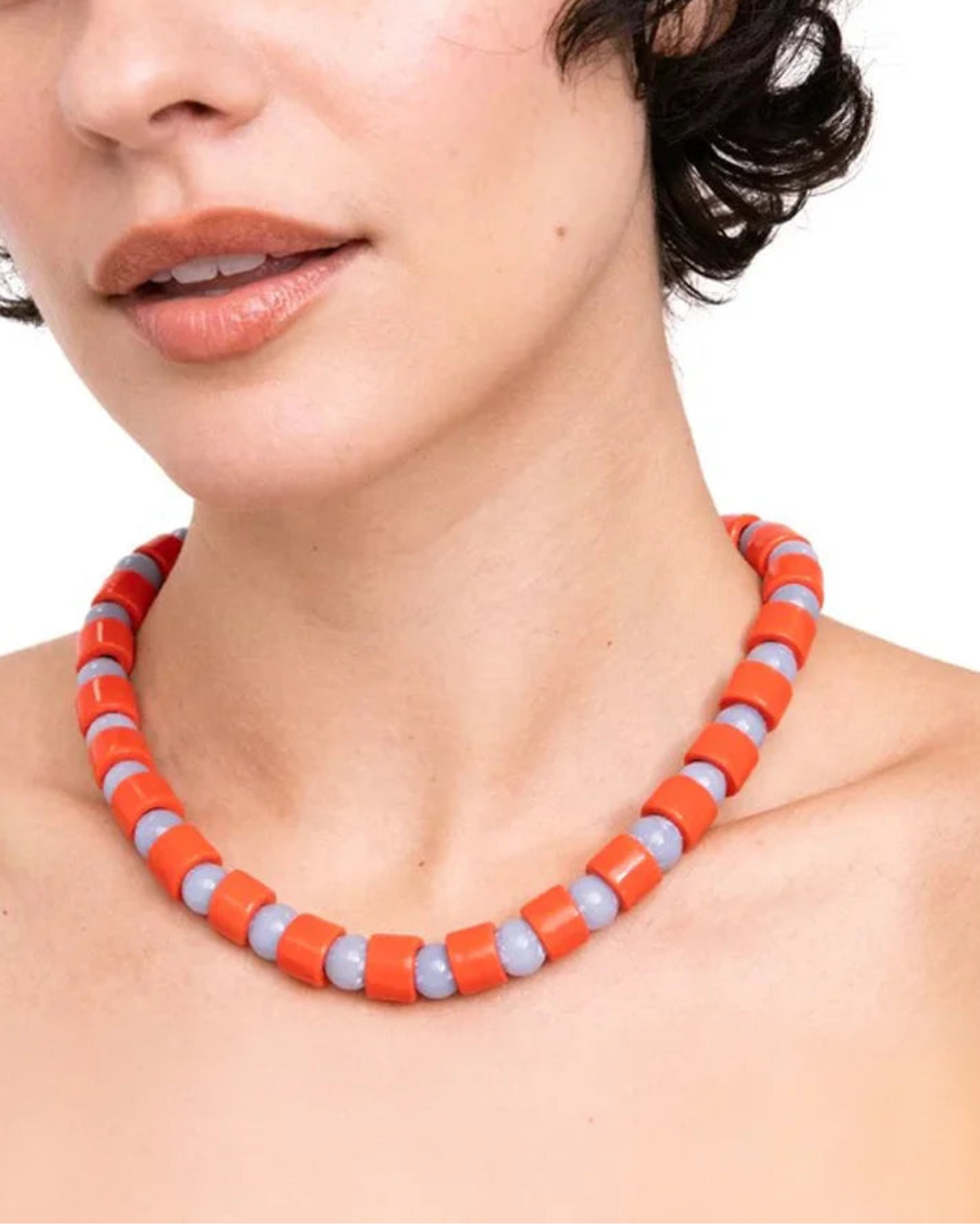 HER NEW TRIBELobster & Blue Lace Agate Sundry Bead One Necklace on figure front 1